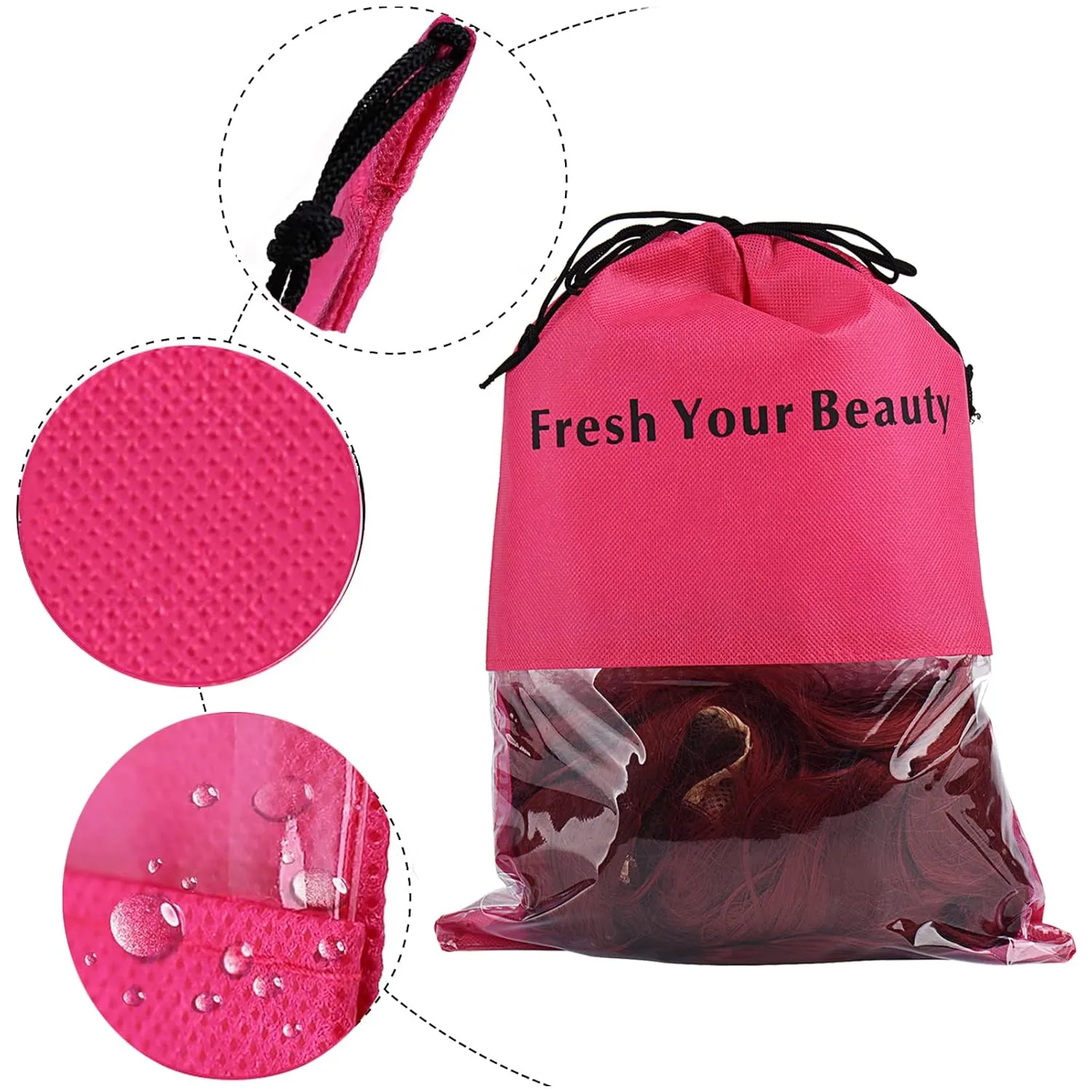 10 Packs Wig Storage Bags with Drawstring Hair Extensions Holder Hairpieces Carrier Organizer Dustproof Protector Pouch for Travel Daily Use (Large,Rose red)