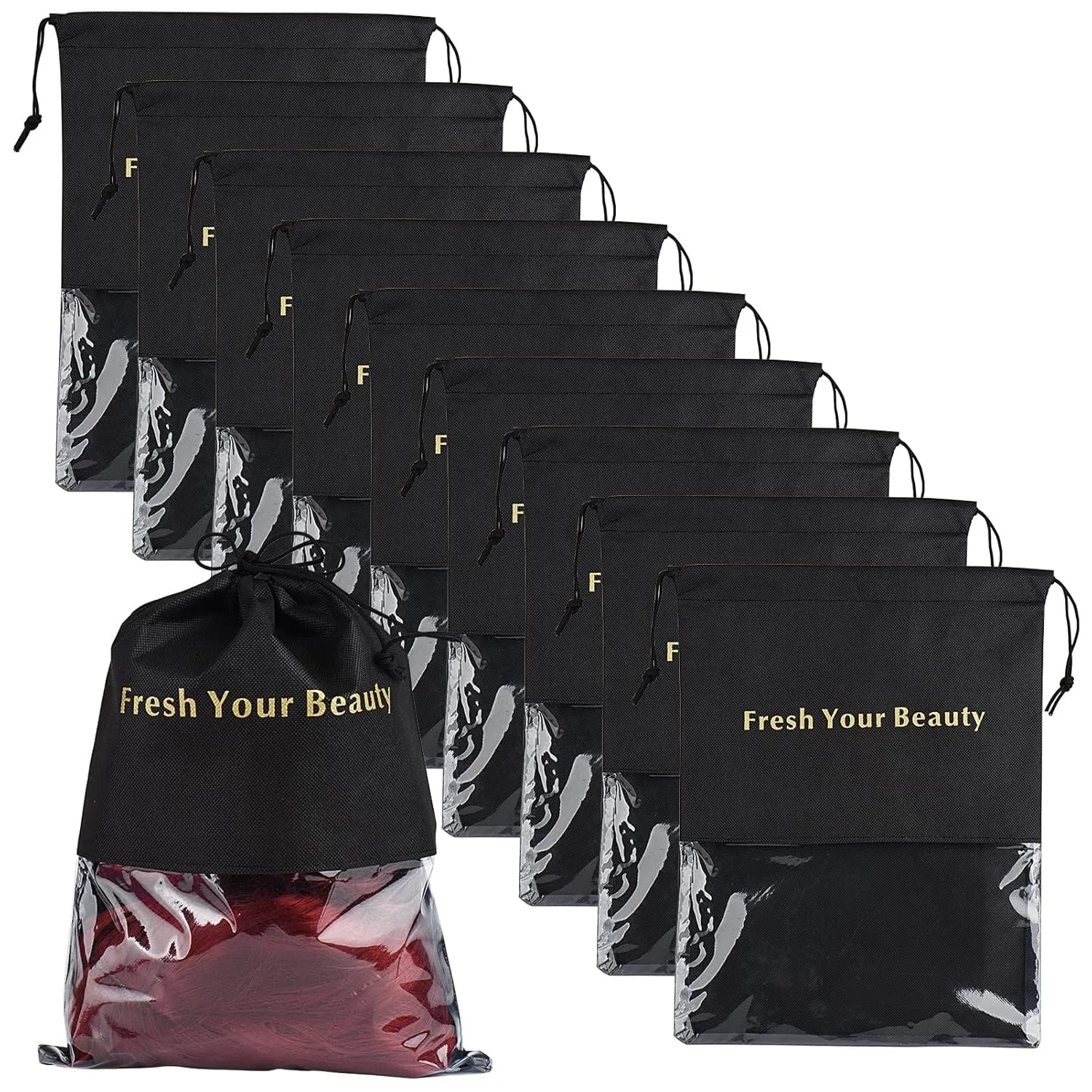 10 Packs Wig Storage Bags with Drawstring Hair Extensions Holder Hairpieces Carrier Organizer Dustproof Protector Pouch for Travel Daily Use (Small,Black)