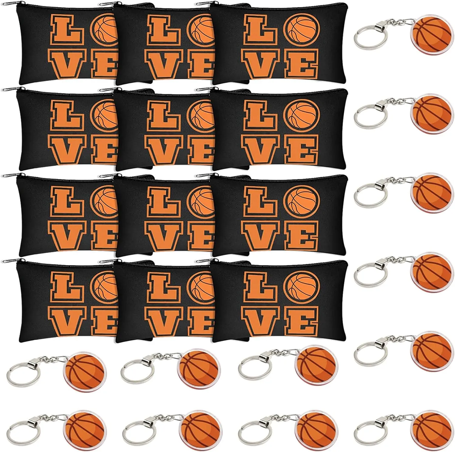 12 Pcs Basketball Makeup Bags and Keychains, Portable Toiletry Cosmetic Bag With Zippers, Storage Pencil Cases, Team Gifts, Party Supplies for Girls and Boys