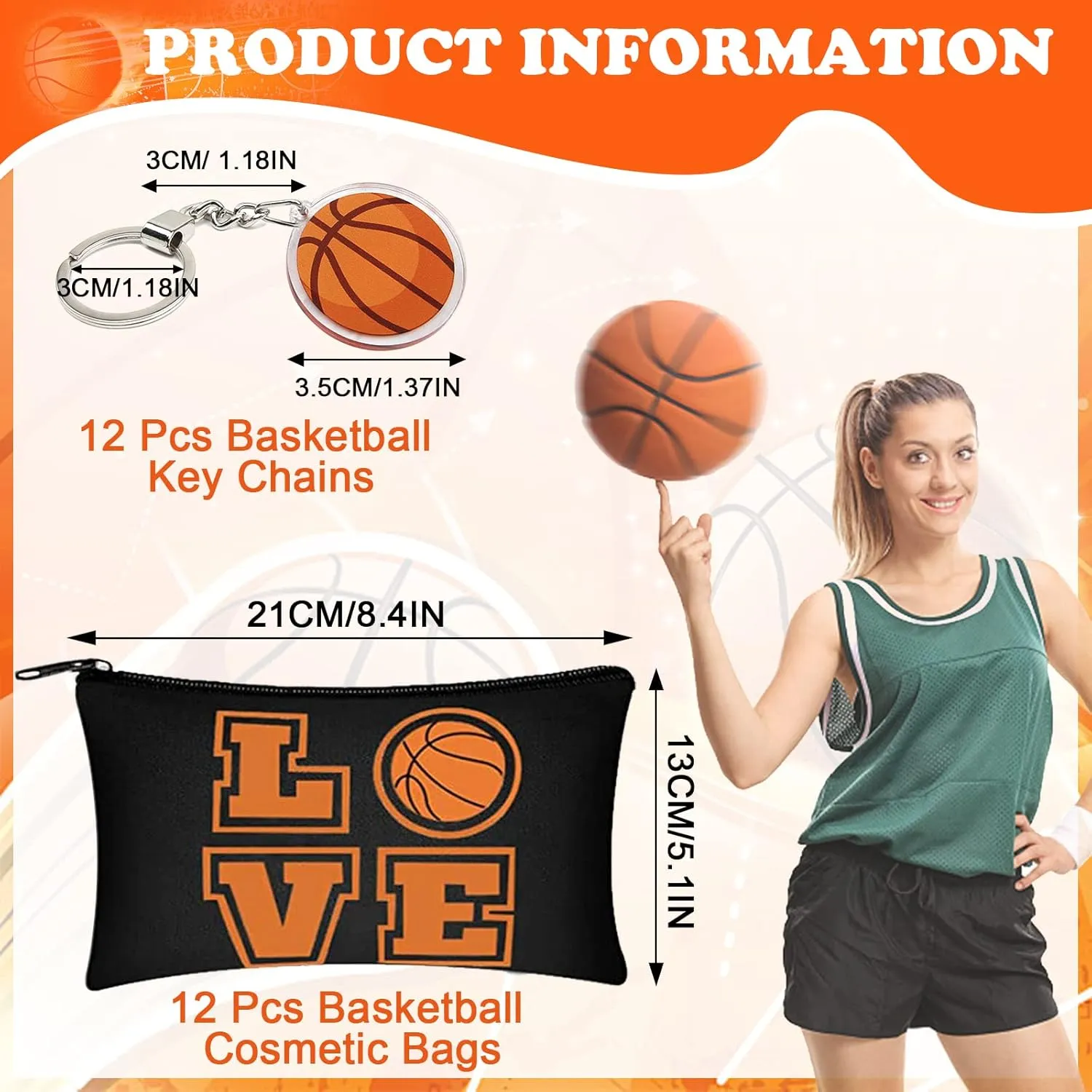 12 Pcs Basketball Makeup Bags and Keychains, Portable Toiletry Cosmetic Bag With Zippers, Storage Pencil Cases, Team Gifts, Party Supplies for Girls and Boys