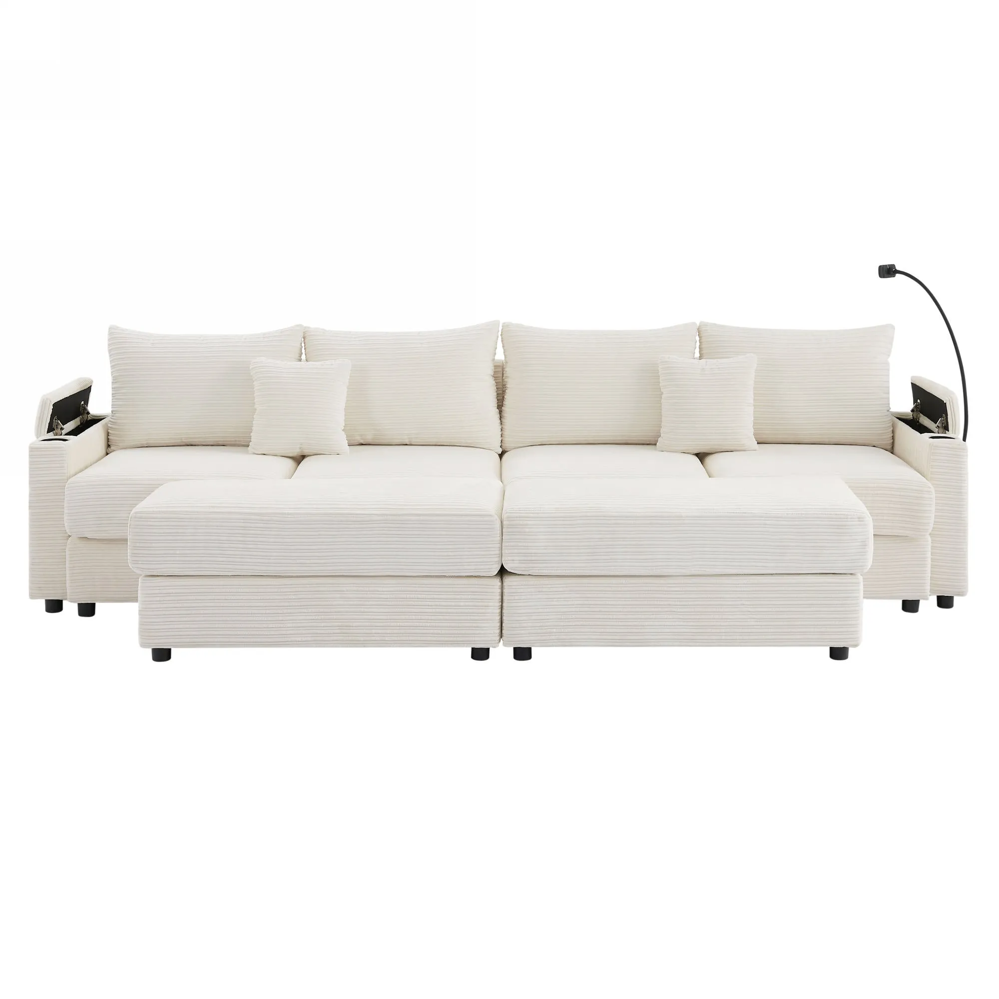 123.2" Modern 4-Seater Sectional Sofa with Storage, Ottomans, USB Ports, Cup Holders, Phone Holder, Beige