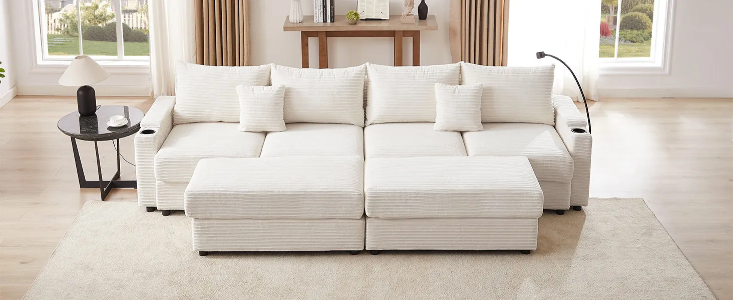 123.2" Modern 4-Seater Sectional Sofa with Storage, Ottomans, USB Ports, Cup Holders, Phone Holder, Beige