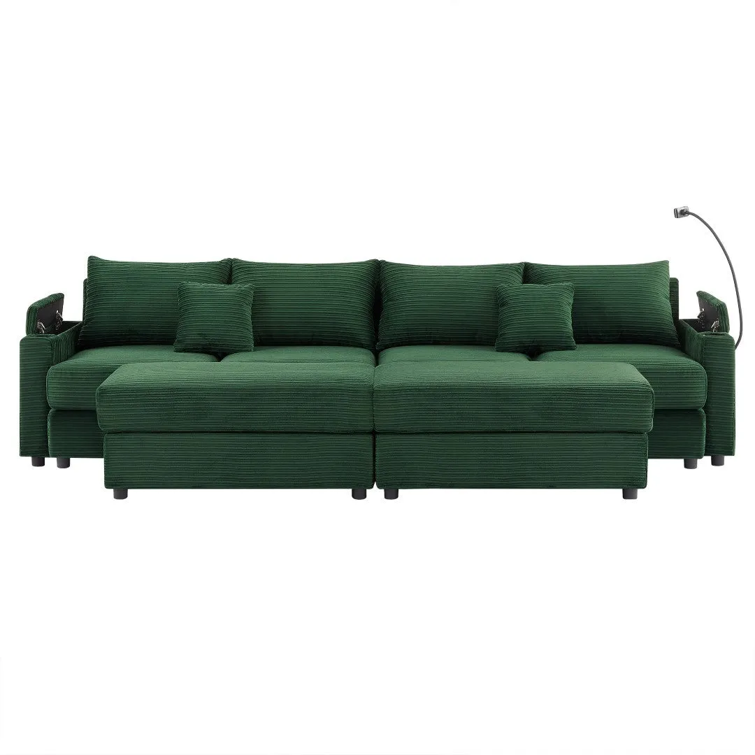 123.2" Modern 4-Seater Sectional Sofa With Storage, Ottomans, USB Ports, Cup Holders, Phone Holder, Green