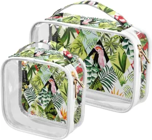 2 Pack Portable Travel Clear Cosmetic Toiletry Bags with Double Zippers for Men Women, Exotic-pattern-patchwork Waterproof Storage Carry Pouch with Handle, Tote Bags for Bathroom Traveling Vacation O
