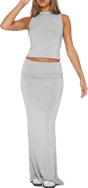 2 Piece Skirt Sets for Women Summer Sleeveless Tank Crop Top Fold Over Bodycon Maxi Long Skirts Y2K Vacation Outfits