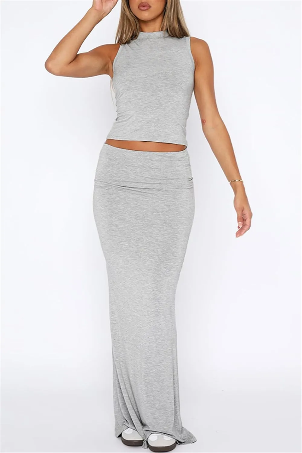 2 Piece Skirt Sets for Women Summer Sleeveless Tank Crop Top Fold Over Bodycon Maxi Long Skirts Y2K Vacation Outfits