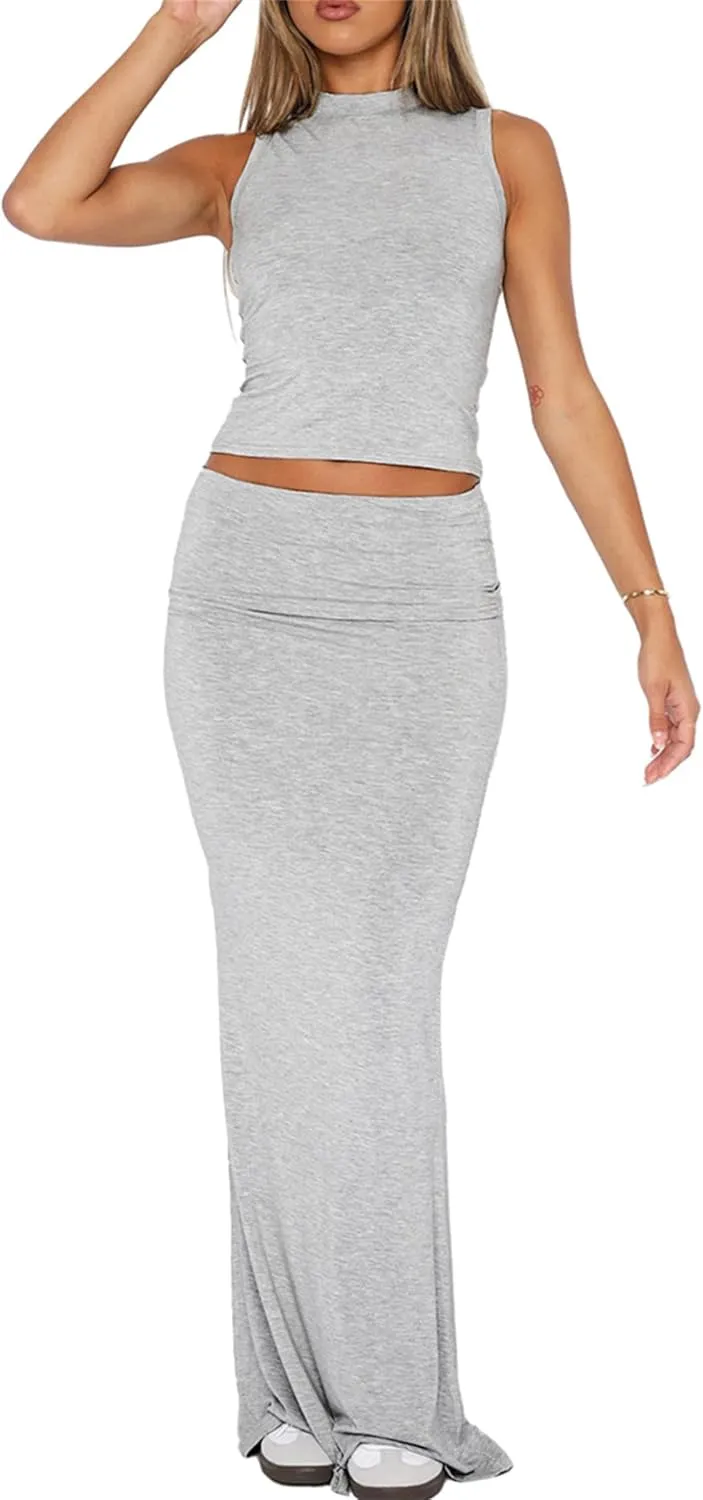 2 Piece Skirt Sets for Women Summer Sleeveless Tank Crop Top Fold Over Bodycon Maxi Long Skirts Y2K Vacation Outfits
