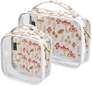 2 Pieces Portable Clear Large Makeup Bag, PVC Waterproof Travel Organizer for Men Women, Mushrooms-cute Print Toiletry Bags with Gold Zippers.