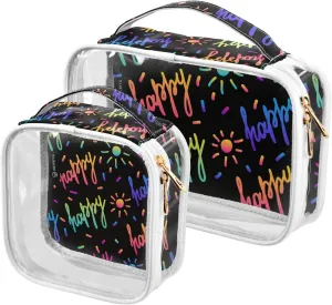 2 Pieces Portable Clear Large Makeup Bag, PVC Waterproof Travel Organizer for Men Women, Rainbow-birthday-print Toiletry Bags with Gold Zippers.