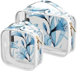 2 Pieces Portable Clear Large Makeup Bag, PVC Waterproof Travel Organizer for Men Women, Watercolor-blue-flowers Toiletry Bags with Gold Zippers.