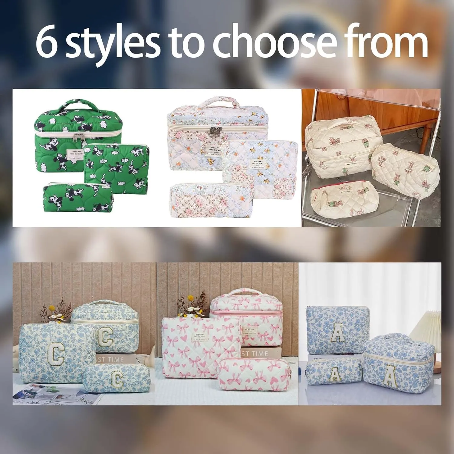 3 Pcs Quilted Makeup Bag, Cute Floral Bag set, Bow Makeup Pouch Large Travel Toiletry Bag,Day Gift for Mom Daughter FriendPink