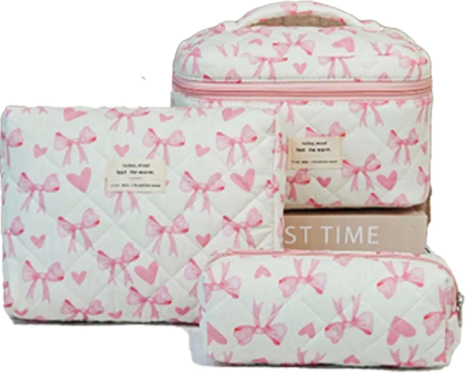 3 Pcs Quilted Makeup Bag, Cute Floral Bag set, Bow Makeup Pouch Large Travel Toiletry Bag,Day Gift for Mom Daughter FriendPink