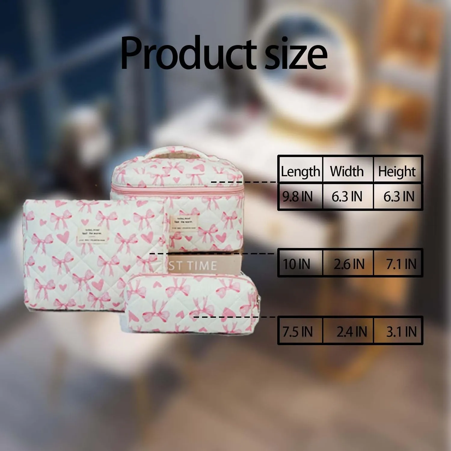 3 Pcs Quilted Makeup Bag, Cute Floral Bag set, Bow Makeup Pouch Large Travel Toiletry Bag,Day Gift for Mom Daughter FriendPink