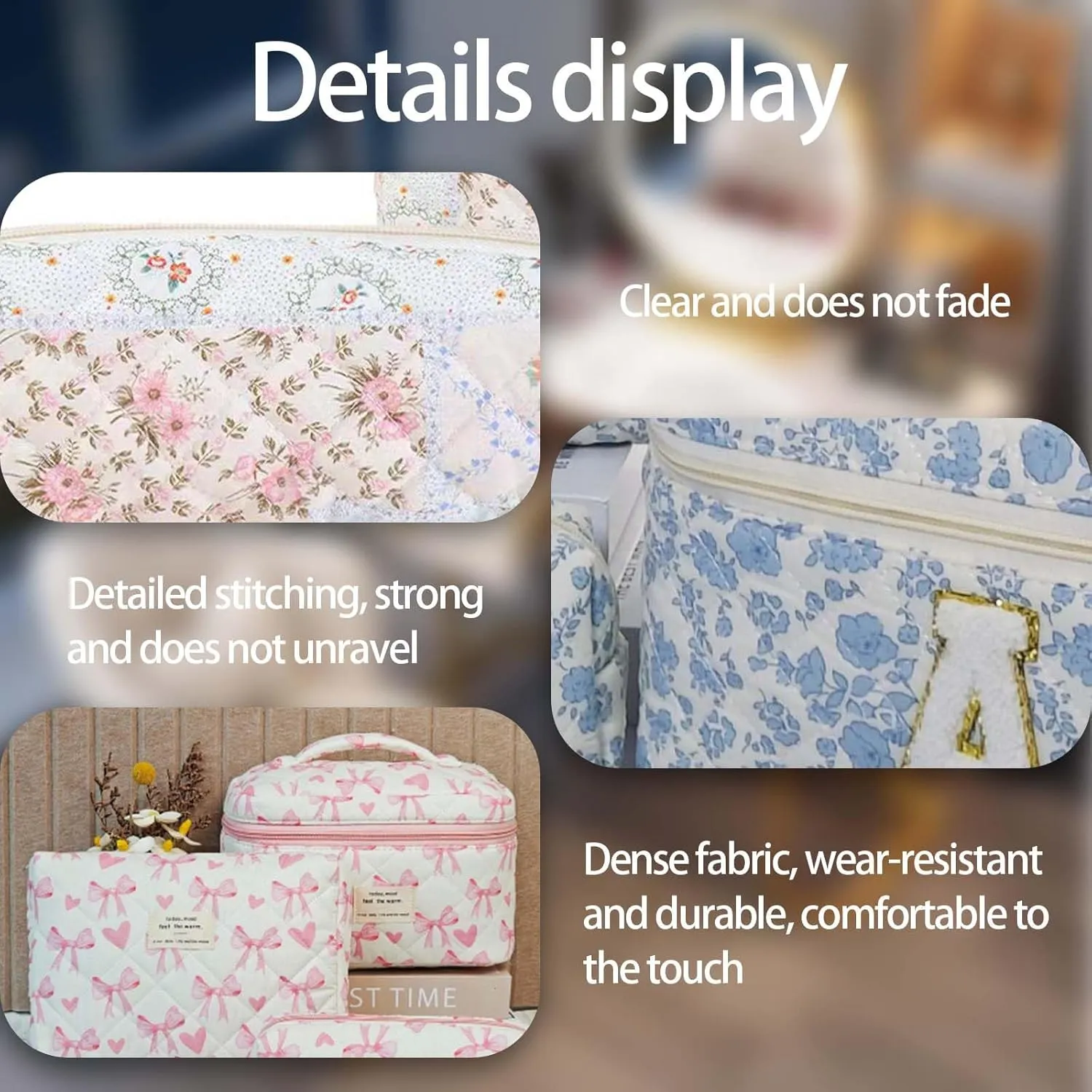 3 Pcs Quilted Makeup Bag, Cute Floral Bag set, Bow Makeup Pouch Large Travel Toiletry Bag,Day Gift for Mom Daughter FriendPink