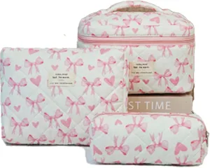 3 Pcs Quilted Makeup Bag, Cute Floral Bag set, Bow Makeup Pouch Large Travel Toiletry Bag,Day Gift for Mom Daughter FriendPink