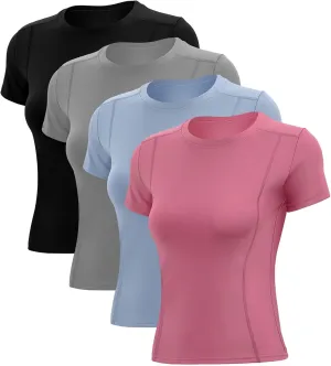 4 Pack Women Workout Shirts Short Sleeve Workout Tops for Women Dry Fit Compression Shirt for Yoga Gym