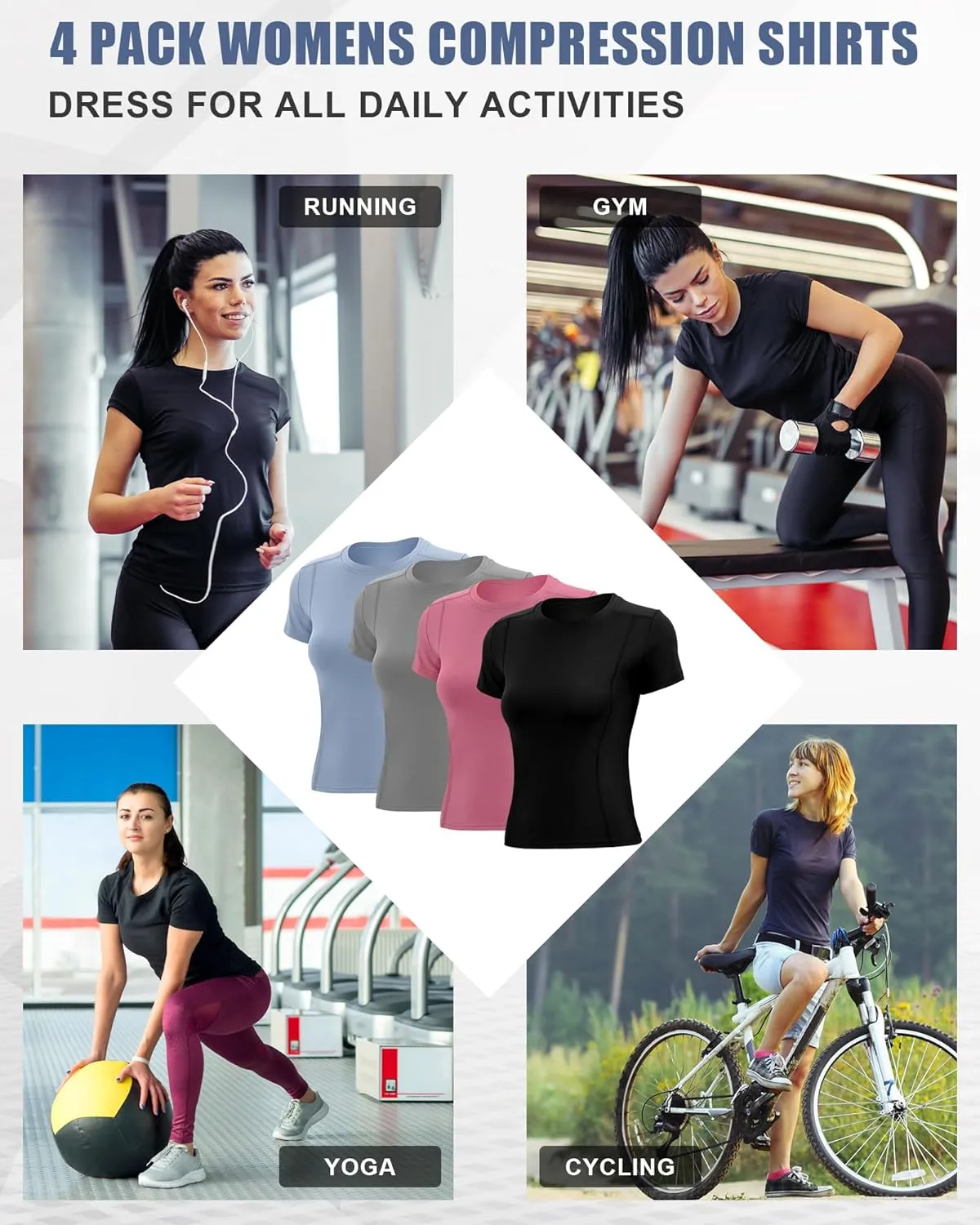 4 Pack Women Workout Shirts Short Sleeve Workout Tops for Women Dry Fit Compression Shirt for Yoga Gym