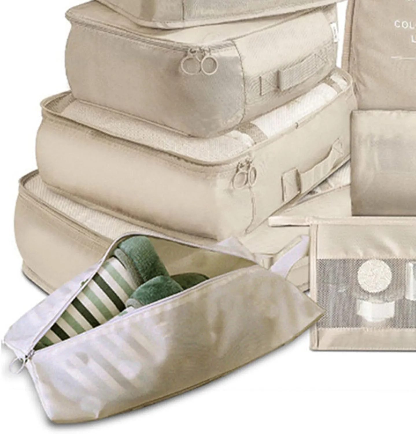 8 Set Packing Cubes with Portable Shoe Bag, Travel Underwear Storage Bag, and Makeup Bag for Suitcases Organizer Bags Set, Carry On Suitcase Luggage Organizers (Beige)