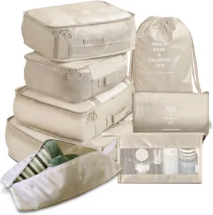 8 Set Packing Cubes with Portable Shoe Bag, Travel Underwear Storage Bag, and Makeup Bag for Suitcases Organizer Bags Set, Carry On Suitcase Luggage Organizers (Beige)