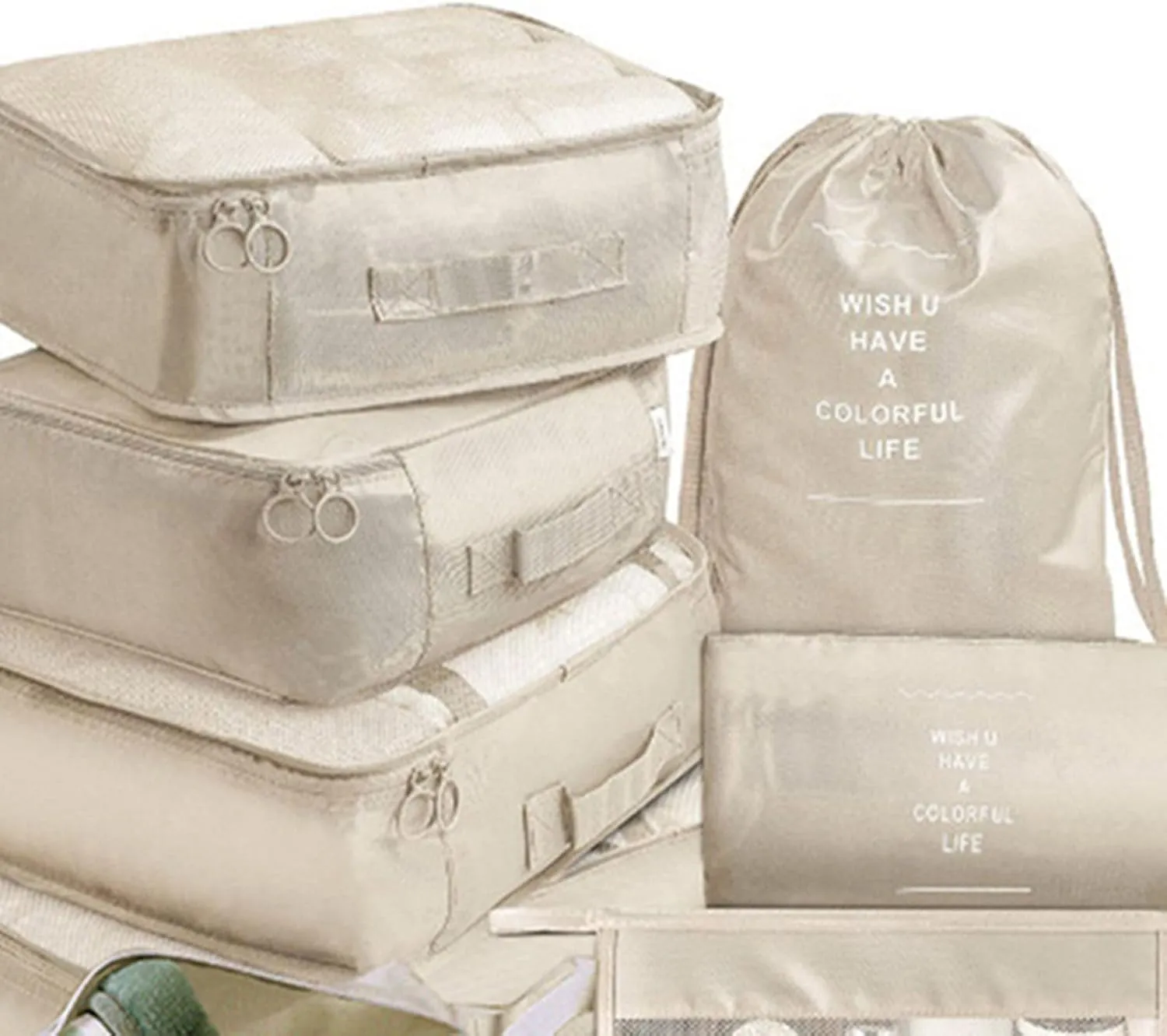 8 Set Packing Cubes with Portable Shoe Bag, Travel Underwear Storage Bag, and Makeup Bag for Suitcases Organizer Bags Set, Carry On Suitcase Luggage Organizers (Beige)