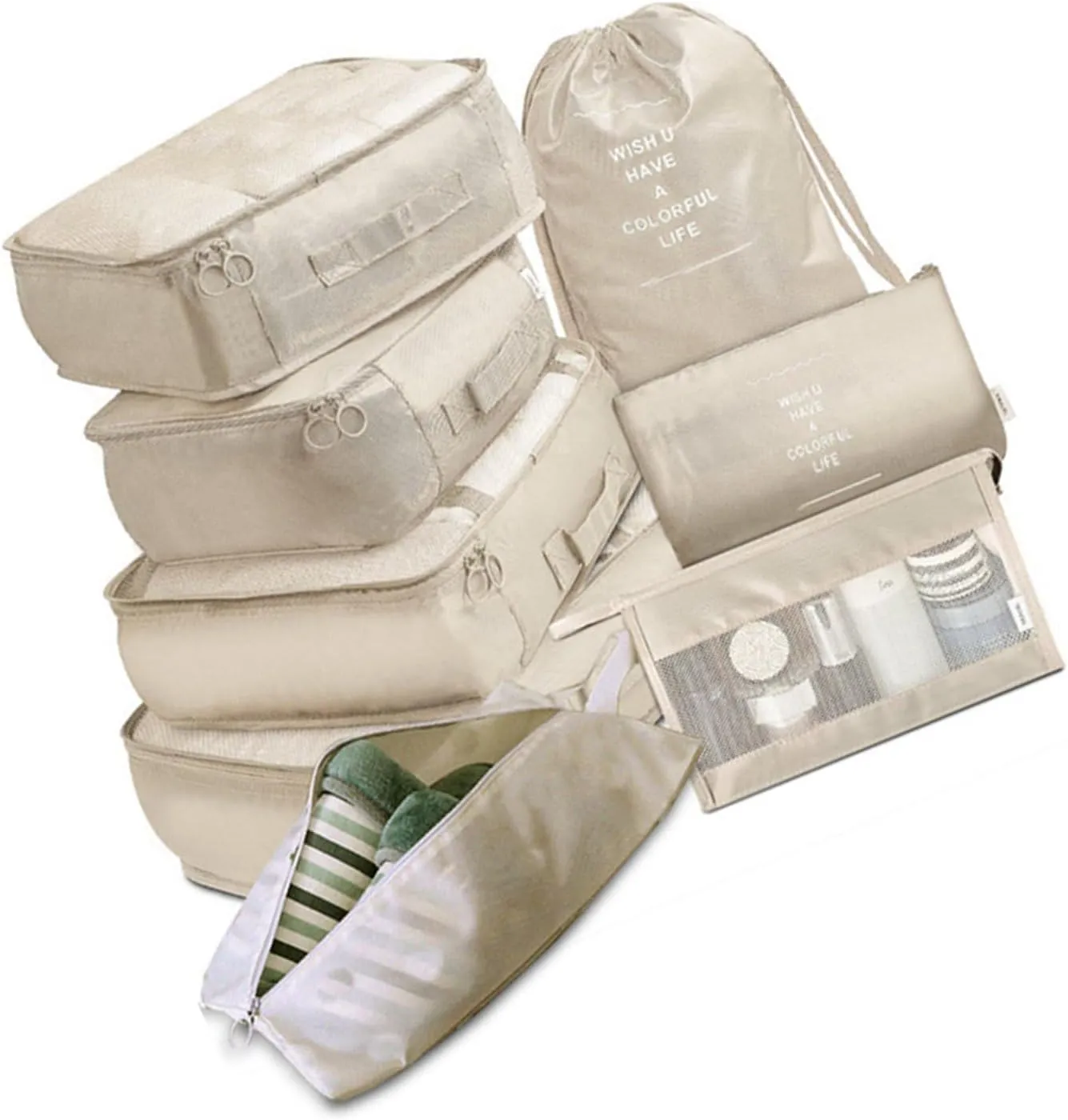 8 Set Packing Cubes with Portable Shoe Bag, Travel Underwear Storage Bag, and Makeup Bag for Suitcases Organizer Bags Set, Carry On Suitcase Luggage Organizers (Beige)