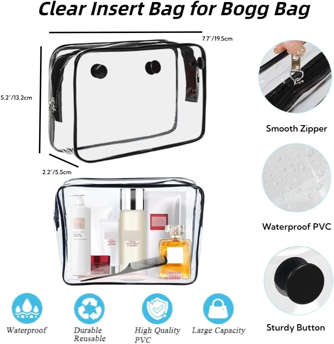 Accessories for Bogg Bag, Clear Toiletry Bag Compatible for Beach Bag, Cell Phone Holder(White), Hooks and Key Chain Set