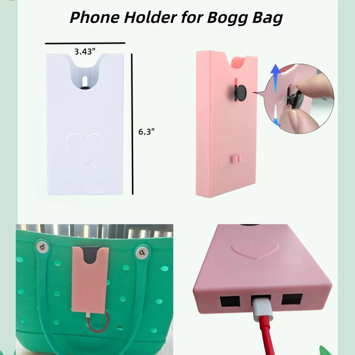 Accessories for Bogg Bag, Clear Toiletry Bag Compatible for Beach Bag, Cell Phone Holder(White), Hooks and Key Chain Set