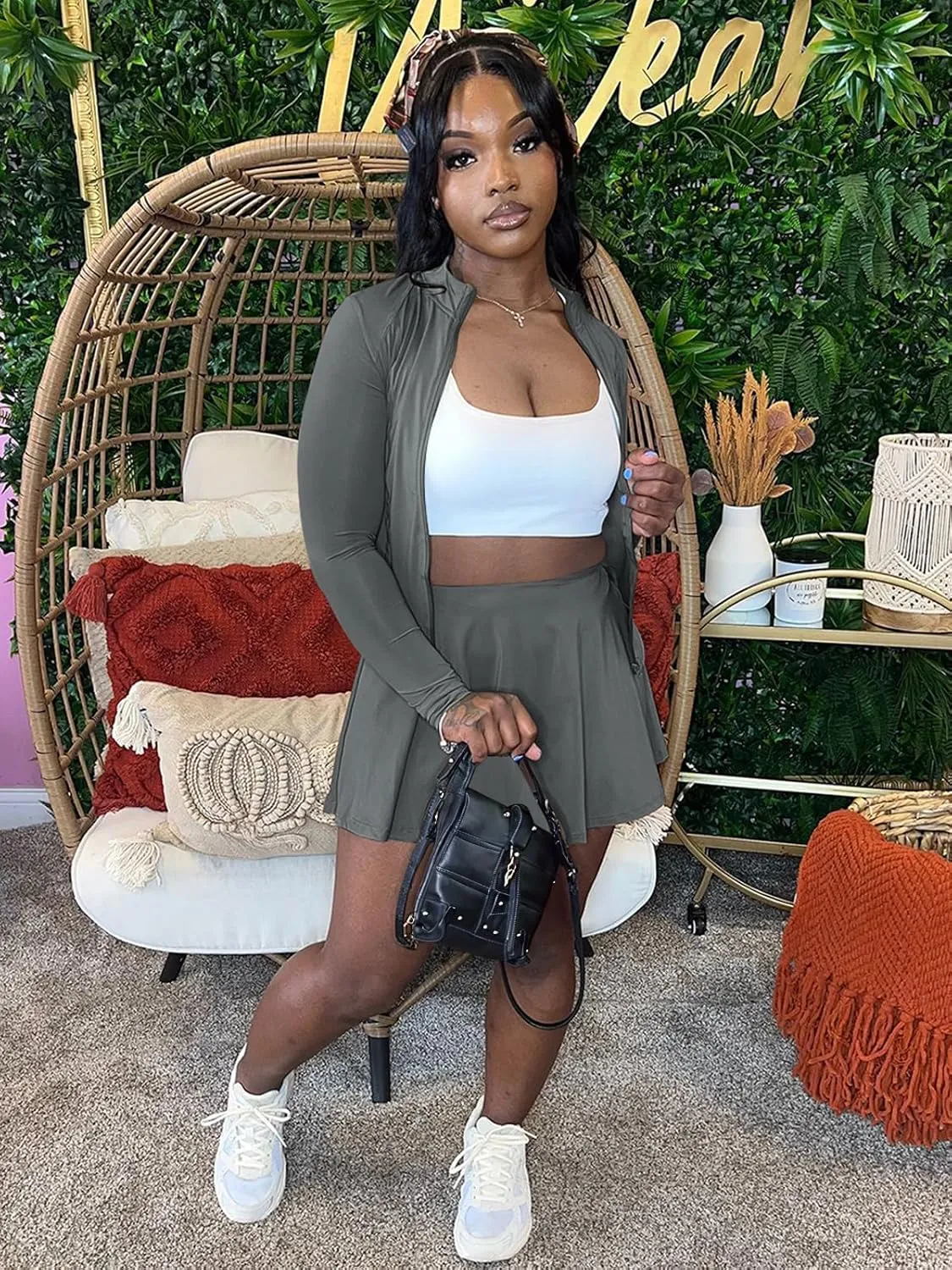 acelyn Women Casual 2 Piece Sets Summer Tracksuit Long Sleeve Zipper Jacket Crop Top Mini Skirt Skort Outfits