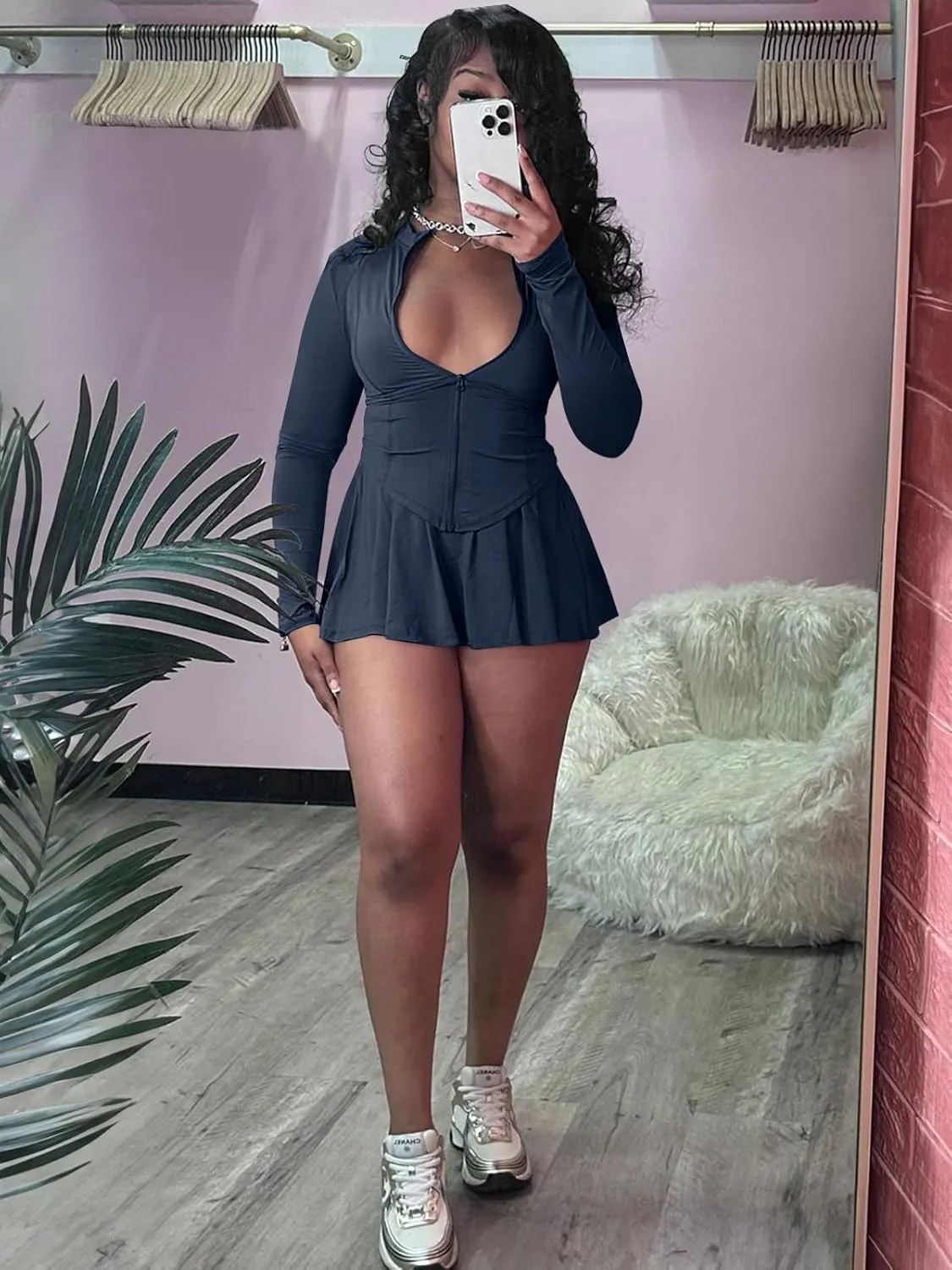 acelyn Women Casual 2 Piece Sets Summer Tracksuit Long Sleeve Zipper Jacket Crop Top Mini Skirt Skort Outfits