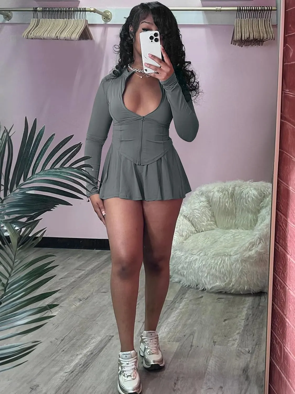 acelyn Women Casual 2 Piece Sets Summer Tracksuit Long Sleeve Zipper Jacket Crop Top Mini Skirt Skort Outfits