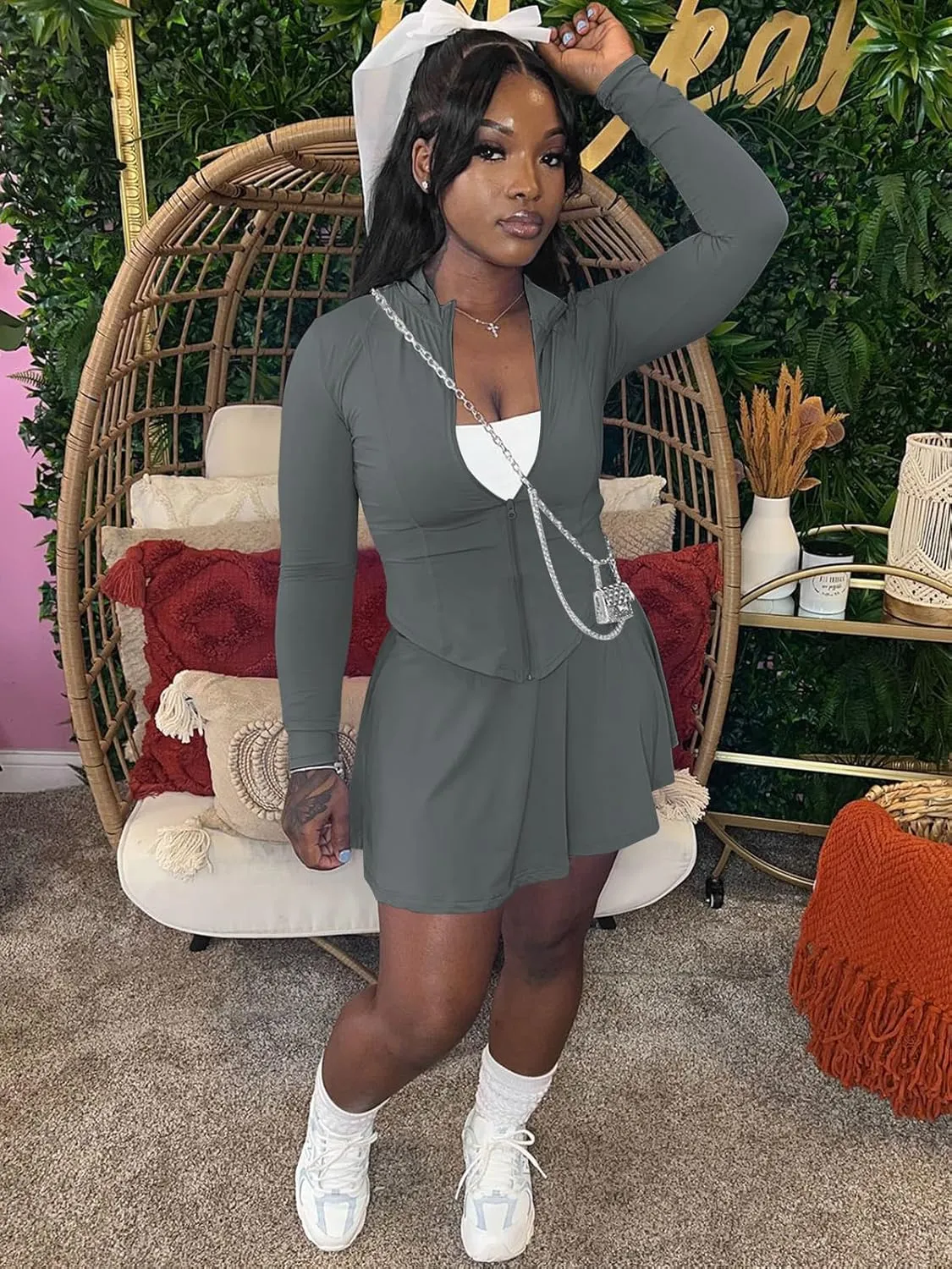 acelyn Women Casual 2 Piece Sets Summer Tracksuit Long Sleeve Zipper Jacket Crop Top Mini Skirt Skort Outfits