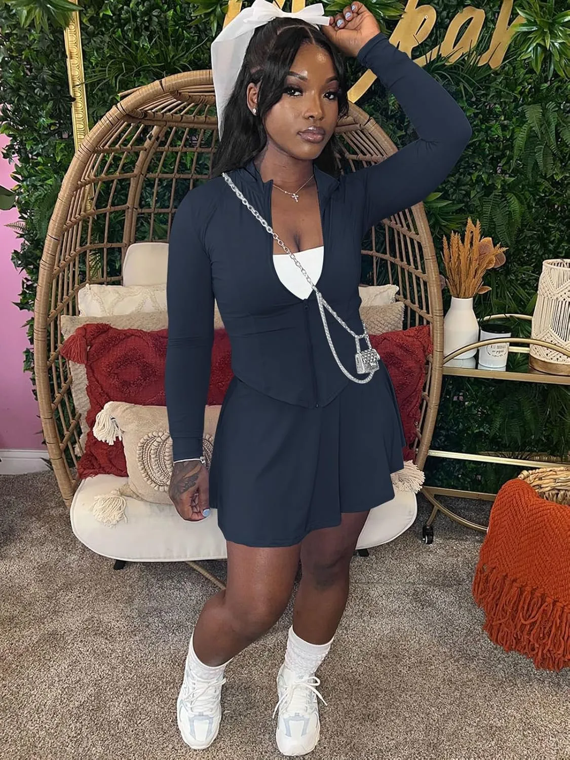 acelyn Women Casual 2 Piece Sets Summer Tracksuit Long Sleeve Zipper Jacket Crop Top Mini Skirt Skort Outfits