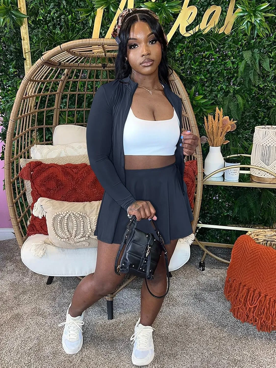 acelyn Women Casual 2 Piece Sets Summer Tracksuit Long Sleeve Zipper Jacket Crop Top Mini Skirt Skort Outfits