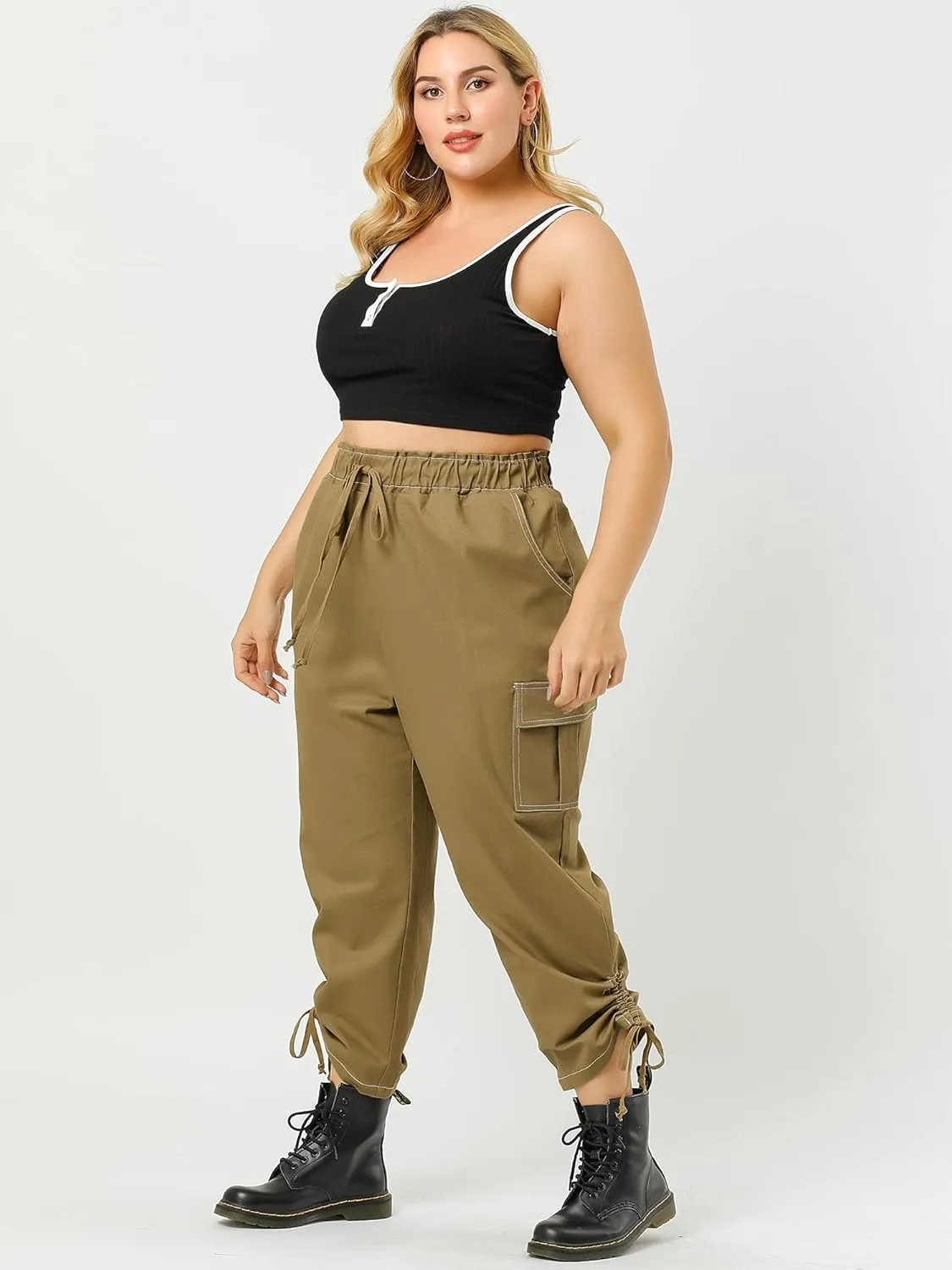 Agnes Orinda Women's Plus Size Drawstring Elastic Waist Cargo Pants with Pocket