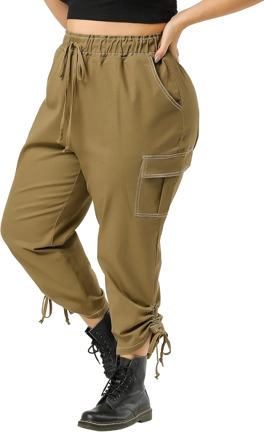 Agnes Orinda Women's Plus Size Drawstring Elastic Waist Cargo Pants with Pocket