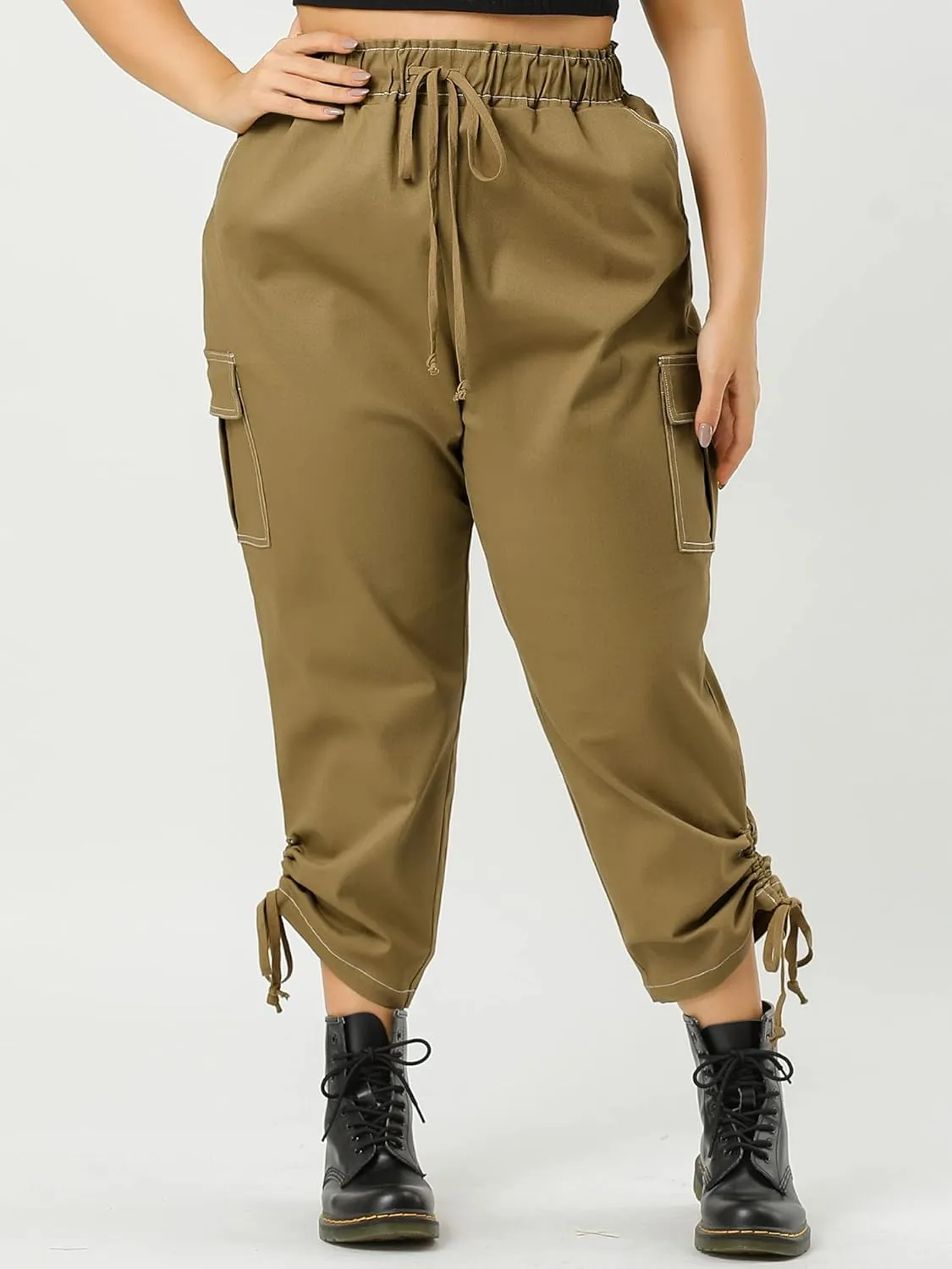 Agnes Orinda Women's Plus Size Drawstring Elastic Waist Cargo Pants with Pocket