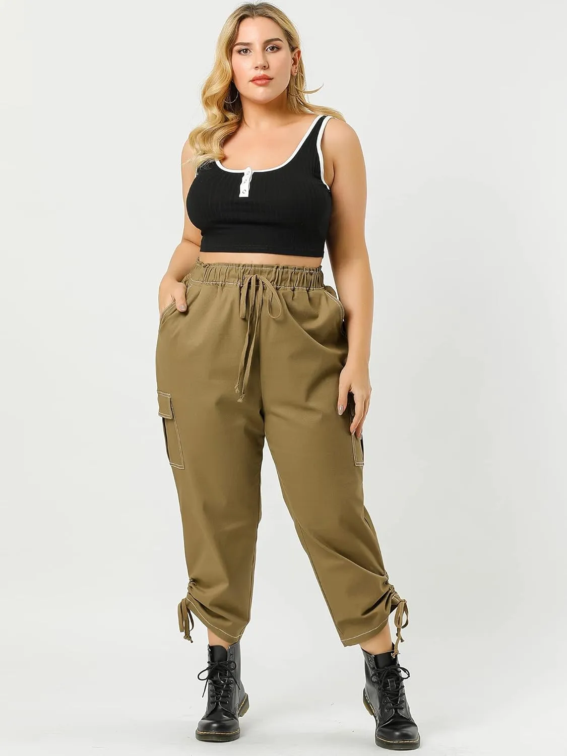 Agnes Orinda Women's Plus Size Drawstring Elastic Waist Cargo Pants with Pocket