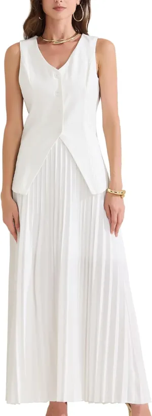 Allegra K Women's 2 Piece Summer Outfits V Neck Sleeveless Button Vest Maxi Pleated Skirts Set