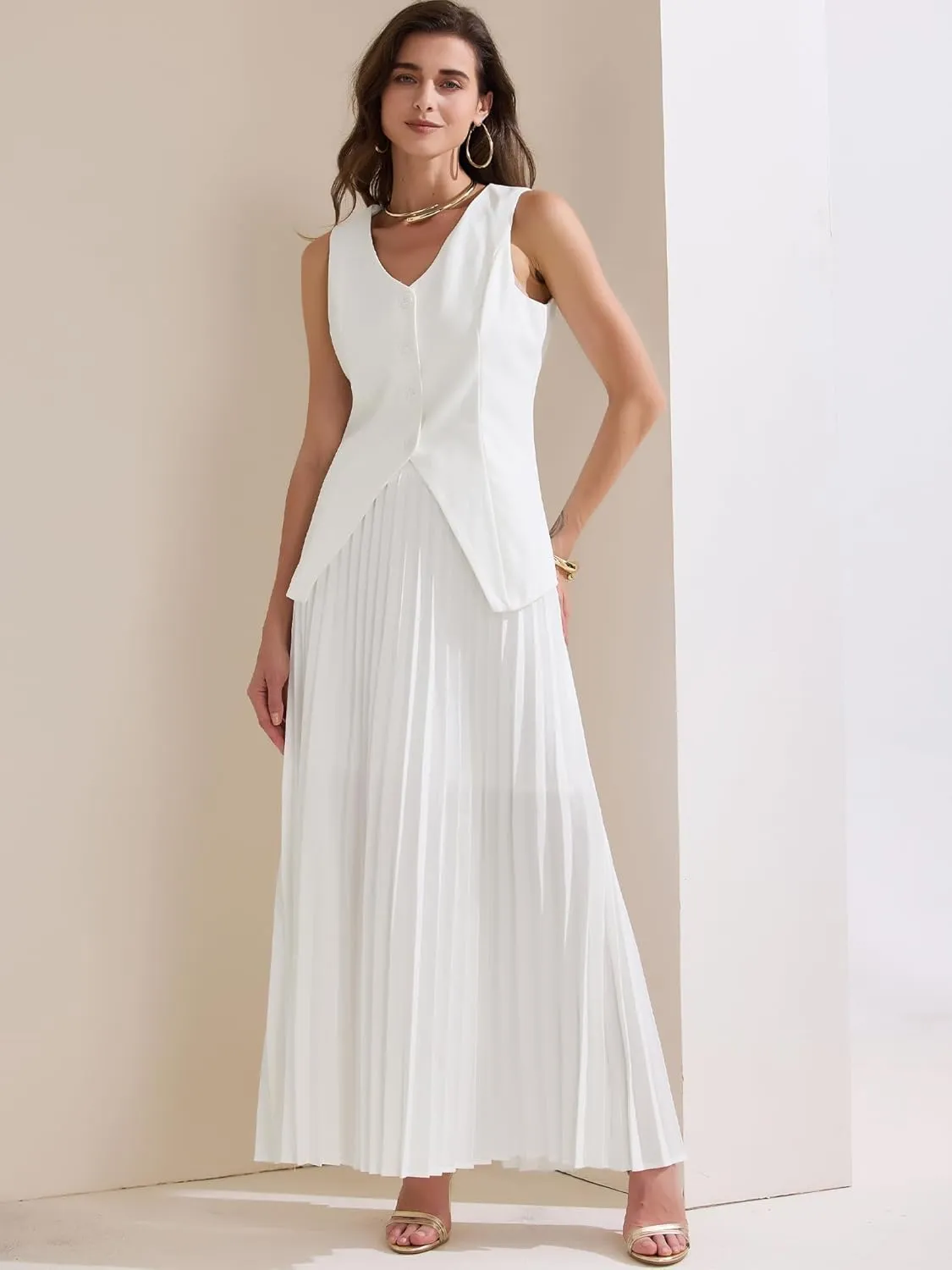 Allegra K Women's 2 Piece Summer Outfits V Neck Sleeveless Button Vest Maxi Pleated Skirts Set