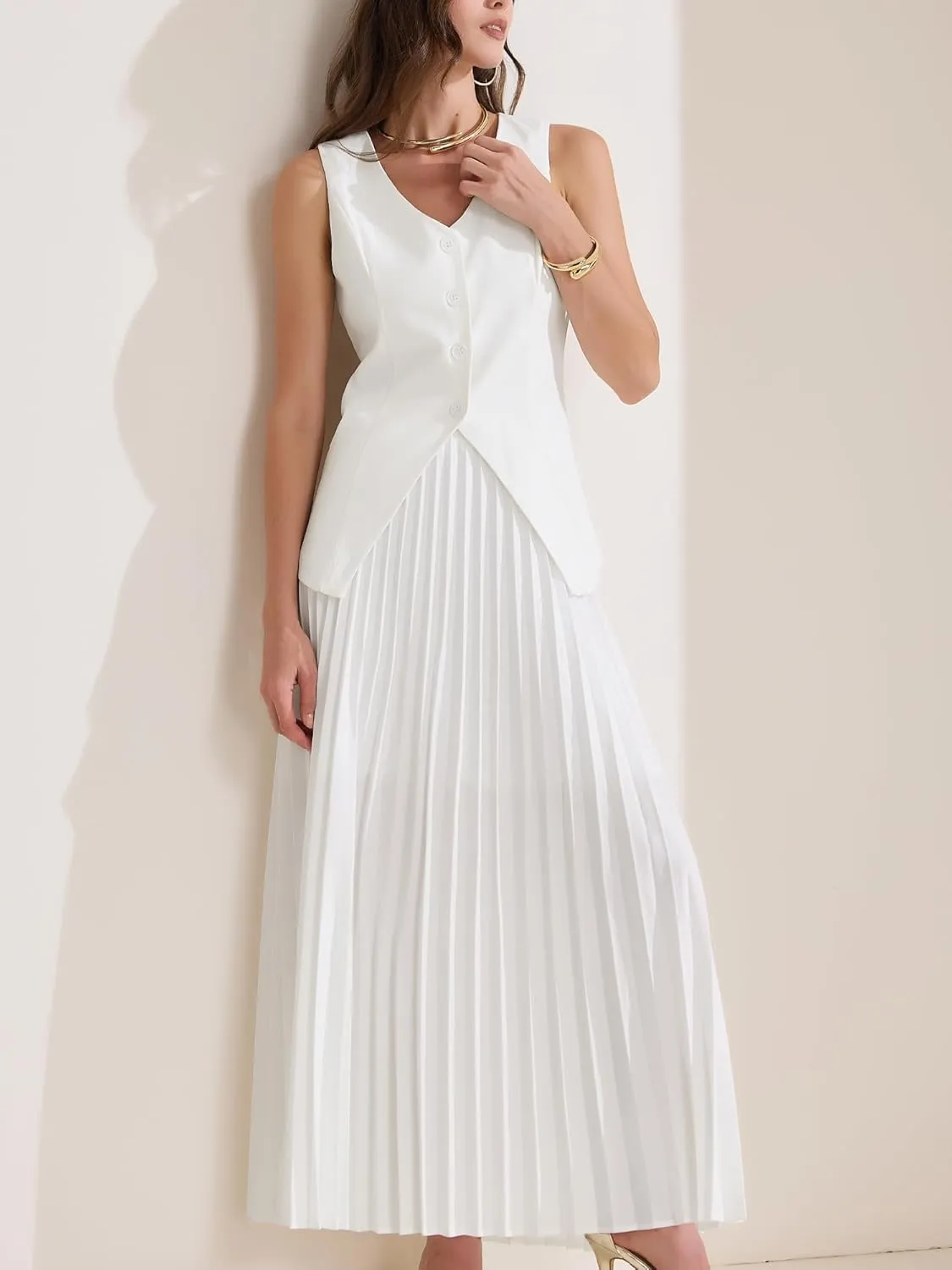 Allegra K Women's 2 Piece Summer Outfits V Neck Sleeveless Button Vest Maxi Pleated Skirts Set