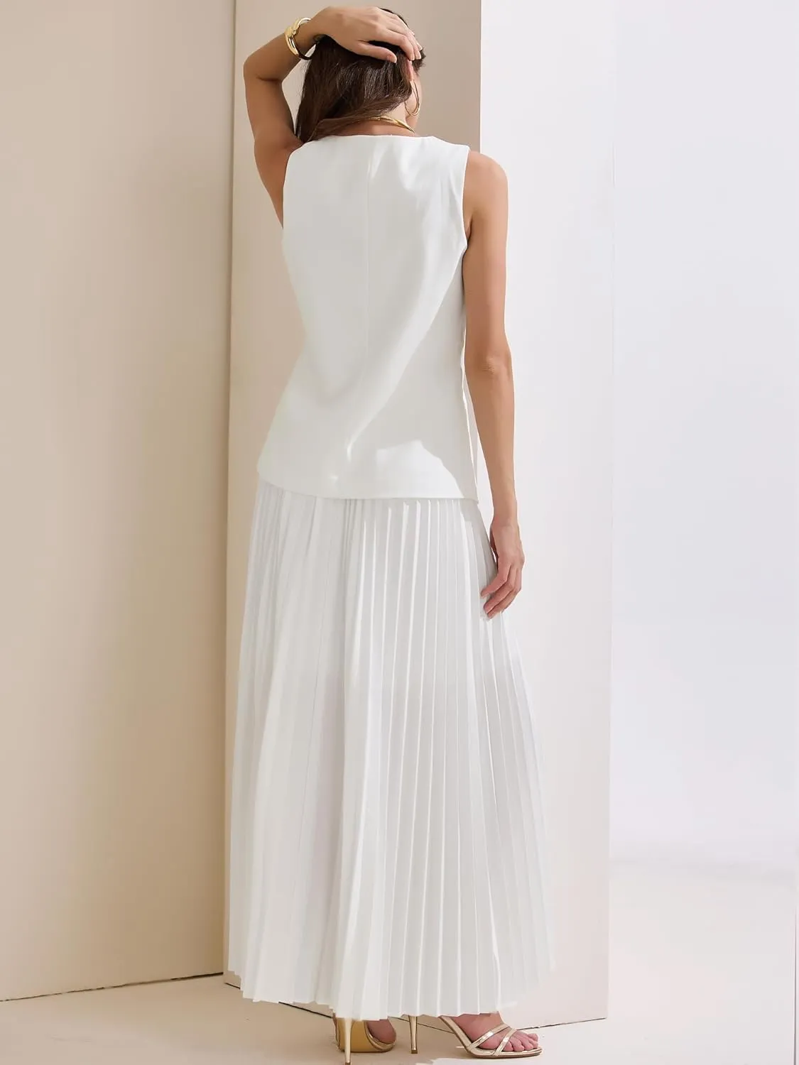 Allegra K Women's 2 Piece Summer Outfits V Neck Sleeveless Button Vest Maxi Pleated Skirts Set