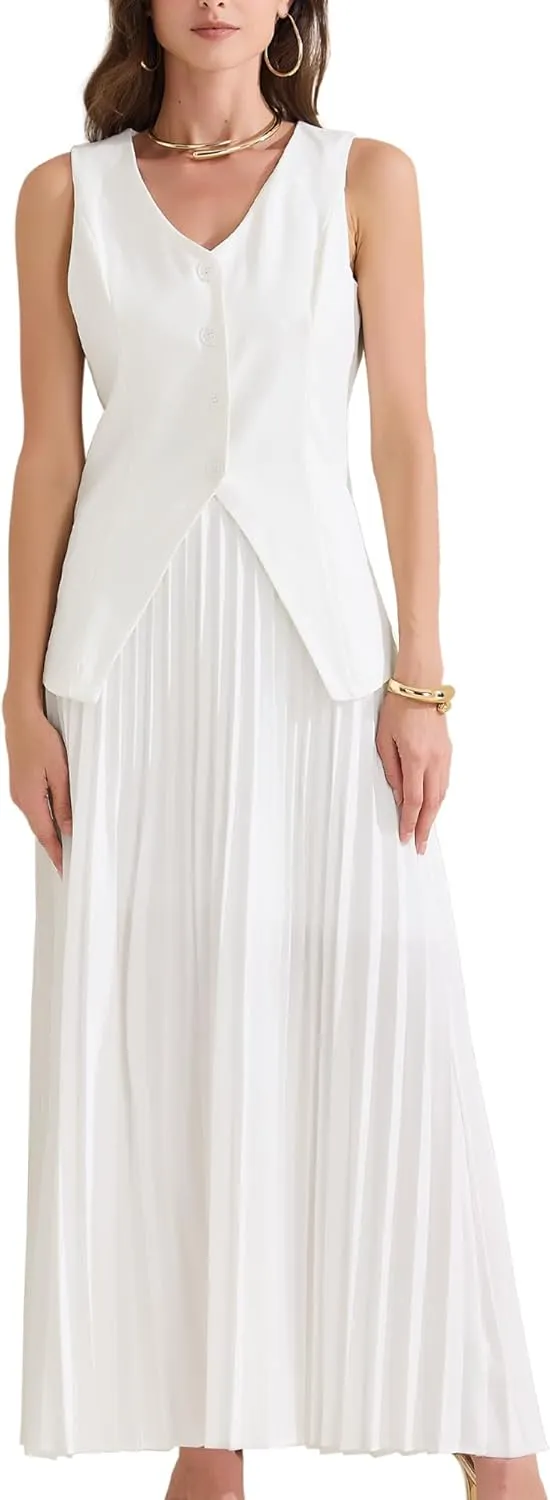Allegra K Women's 2 Piece Summer Outfits V Neck Sleeveless Button Vest Maxi Pleated Skirts Set