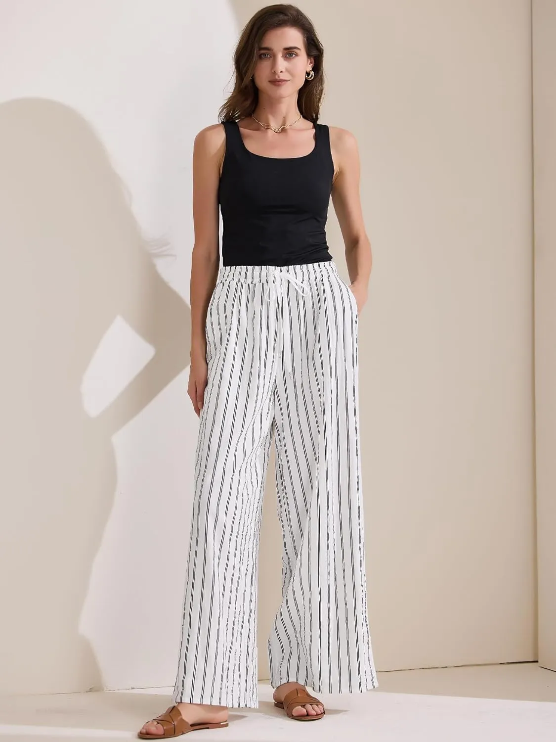 Allegra K Women's Casual Drawstring Stripe Pants Wide Leg High Waist Cotton Loose Pants