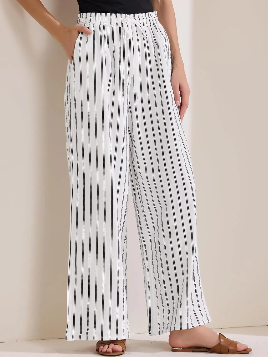 Allegra K Women's Casual Drawstring Stripe Pants Wide Leg High Waist Cotton Loose Pants