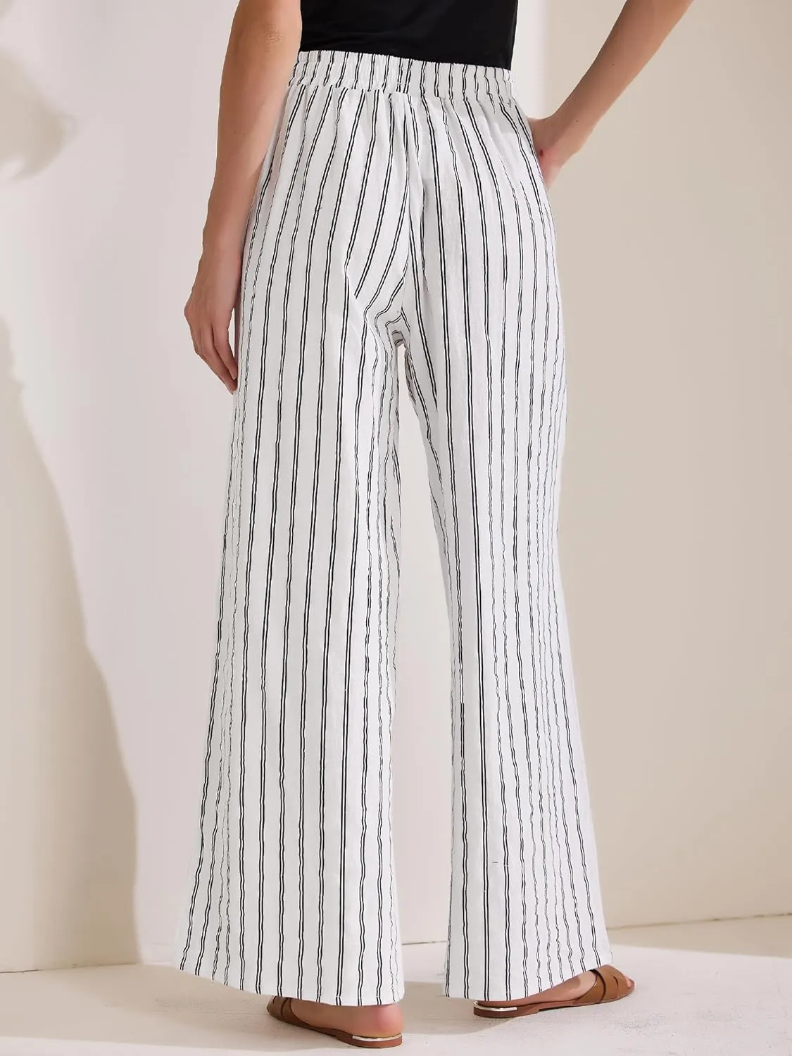 Allegra K Women's Casual Drawstring Stripe Pants Wide Leg High Waist Cotton Loose Pants