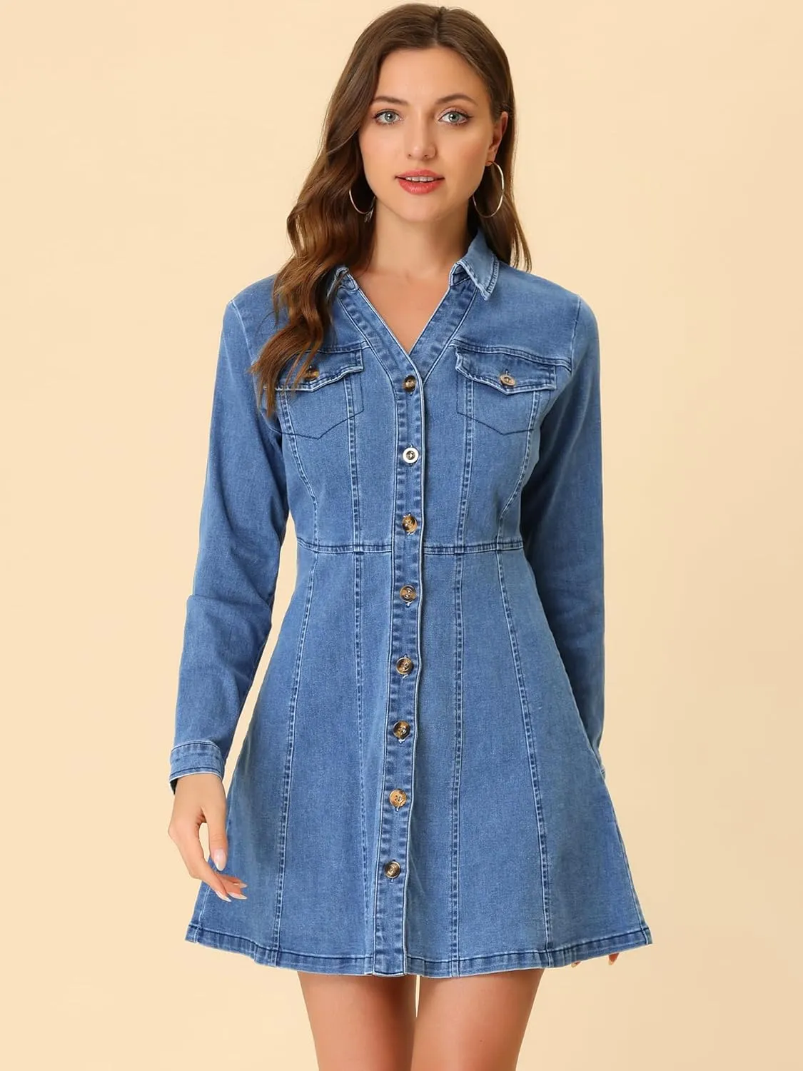 Allegra K Women's Denim Dress Button Down Collar V Neck Long Sleeve A-line Cotton Jean Dress