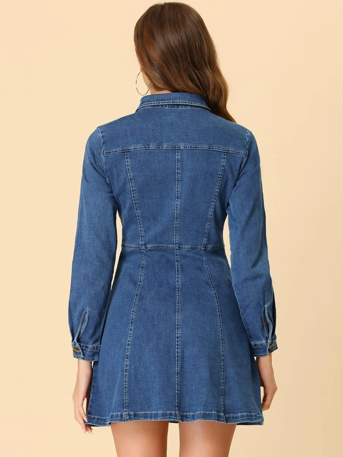 Allegra K Women's Denim Dress Button Down Collar V Neck Long Sleeve A-line Cotton Jean Dress