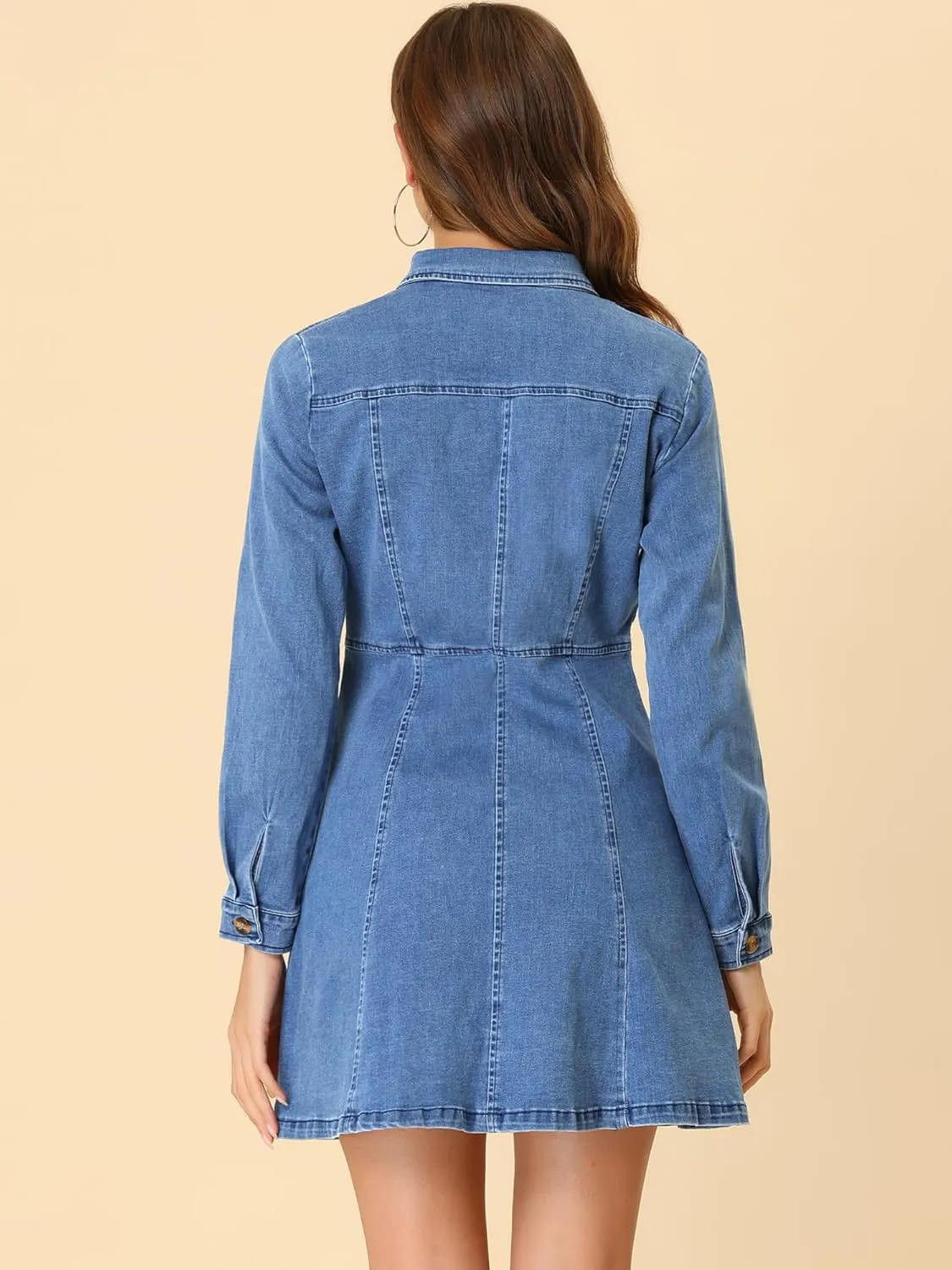 Allegra K Women's Denim Dress Button Down Collar V Neck Long Sleeve A-line Cotton Jean Dress