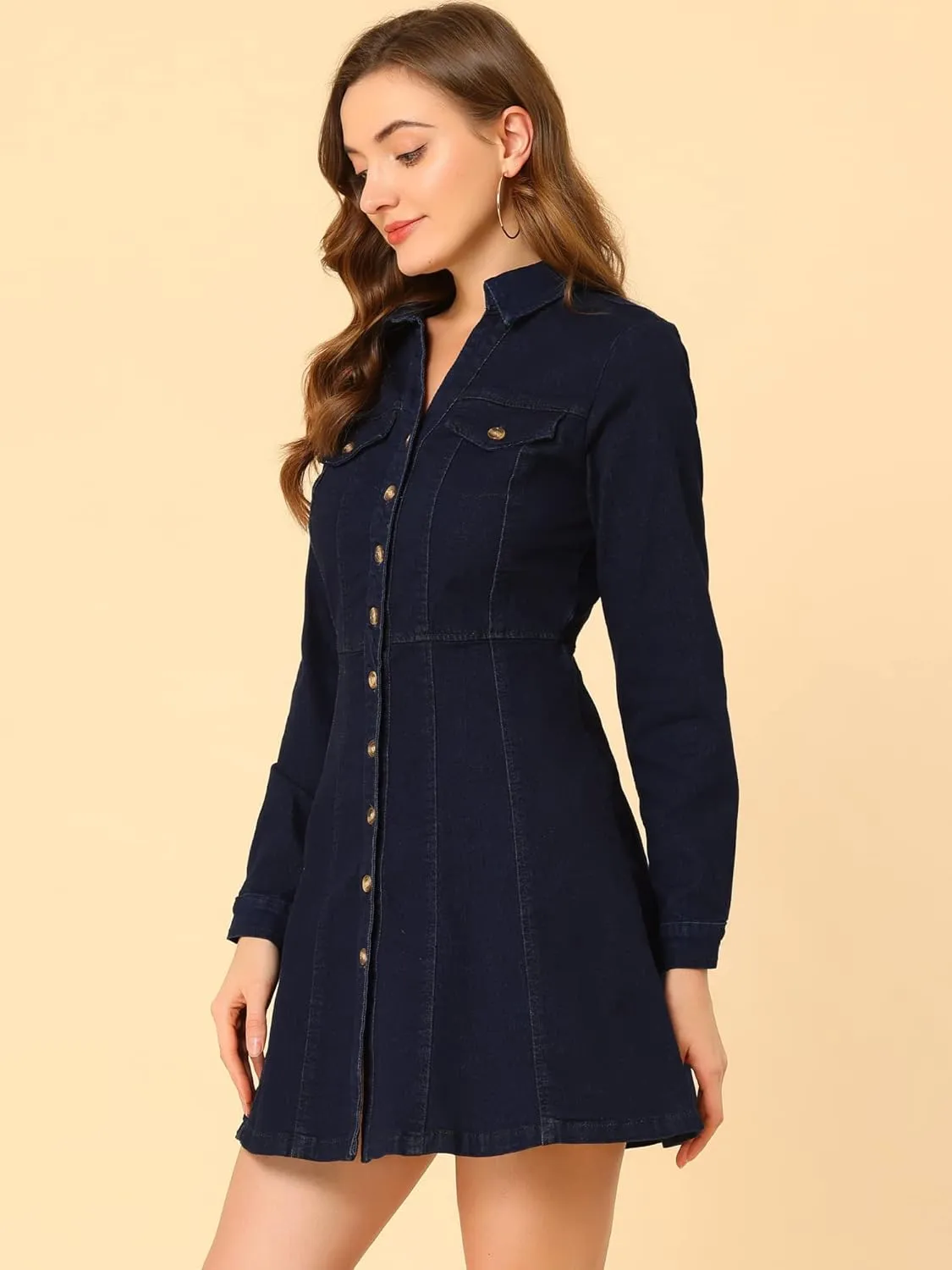 Allegra K Women's Denim Dress Button Down Collar V Neck Long Sleeve A-line Cotton Jean Dress