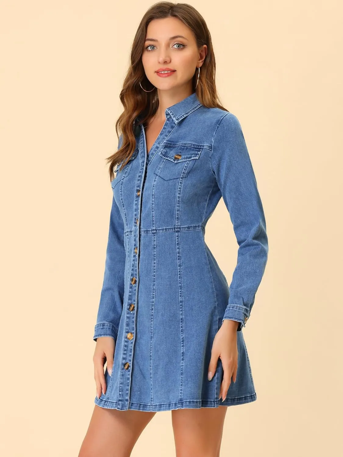 Allegra K Women's Denim Dress Button Down Collar V Neck Long Sleeve A-line Cotton Jean Dress